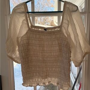 Old Navy Cream Smocked Blouse with Puff Sleeves